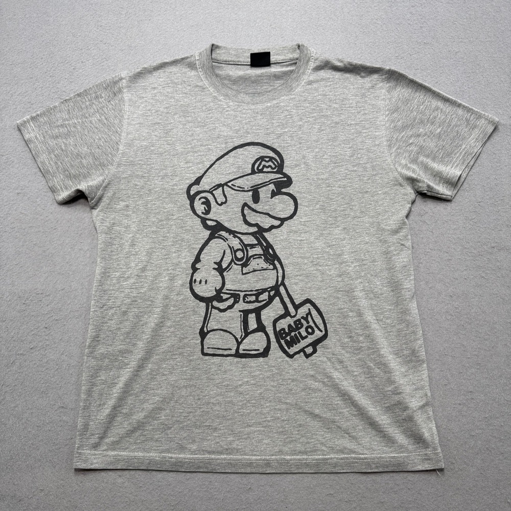 Super Mario T-Shirt Men's Medium Gray Baby Milo Graphic Short Sleeve Streetwear